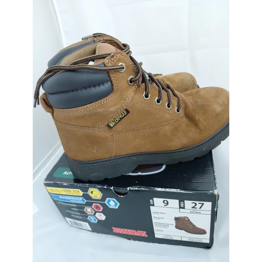 9 Mens  Work Boot BRAHMA, Waterproof Sueded, Bravo Brown Leather Steel Toe